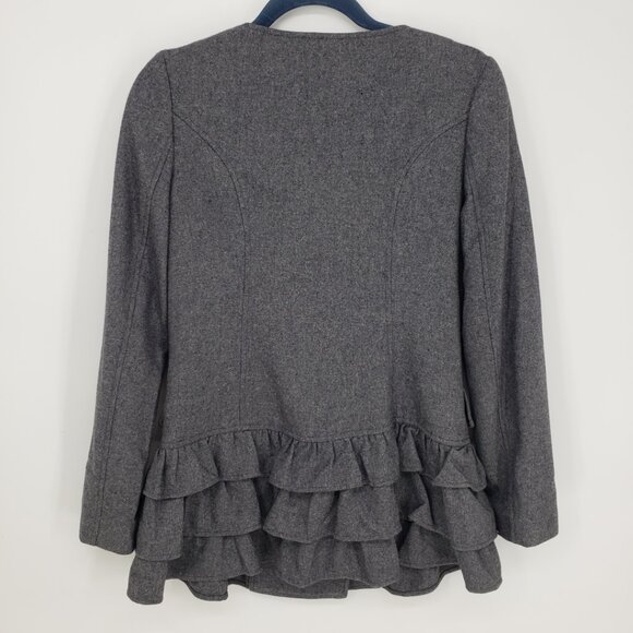 Goelia Double Breasted Coat M Tiered Ruffle Trim Collarless Charcoal Gray - Picture 2 of 7